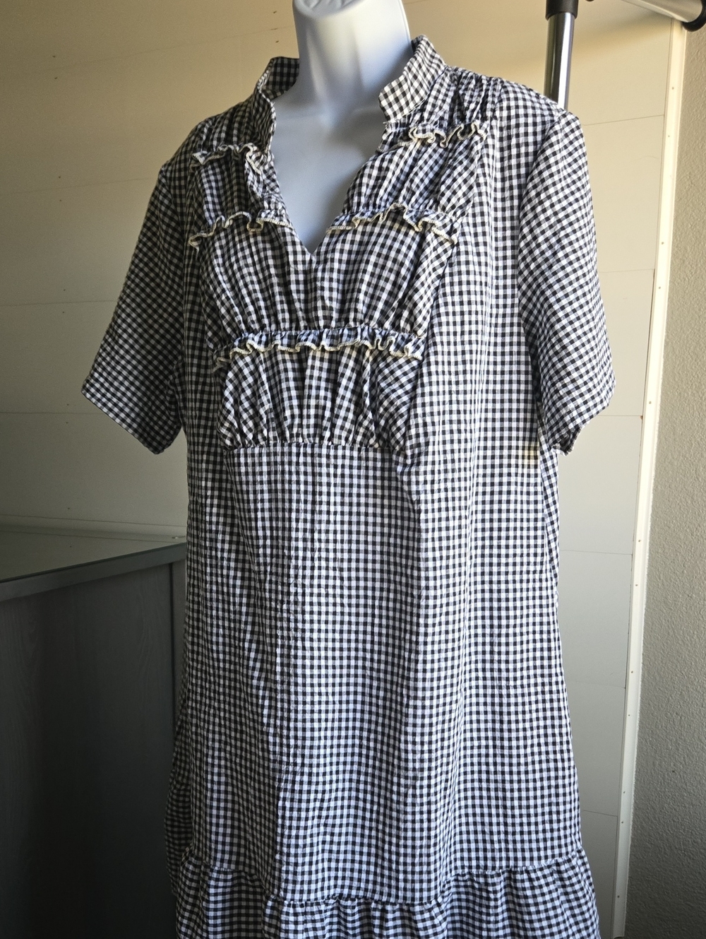SHEIN Black & White Gingham Smocked Midi Dress